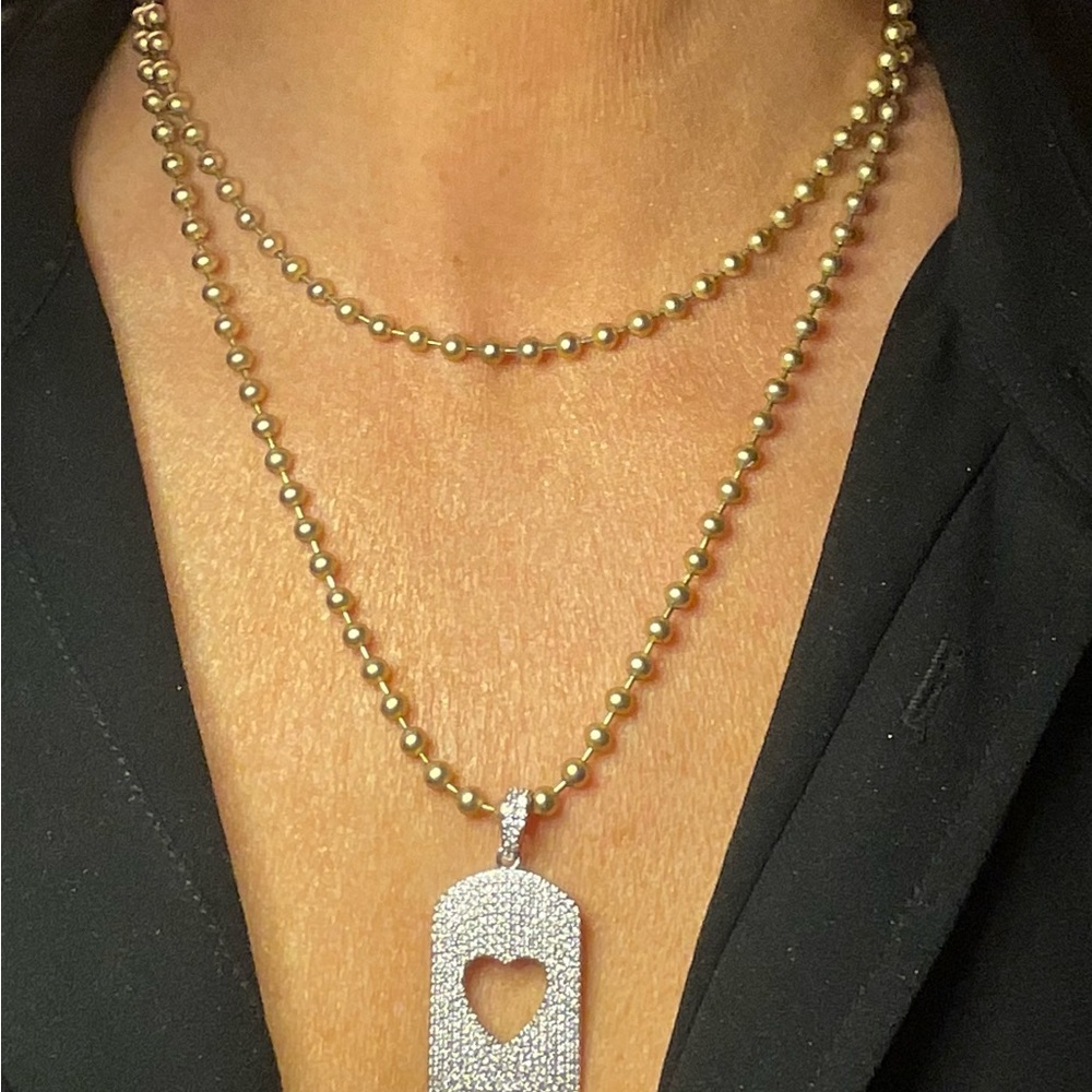 NWOT matte gold ball chain with open heart pave silver dog tag